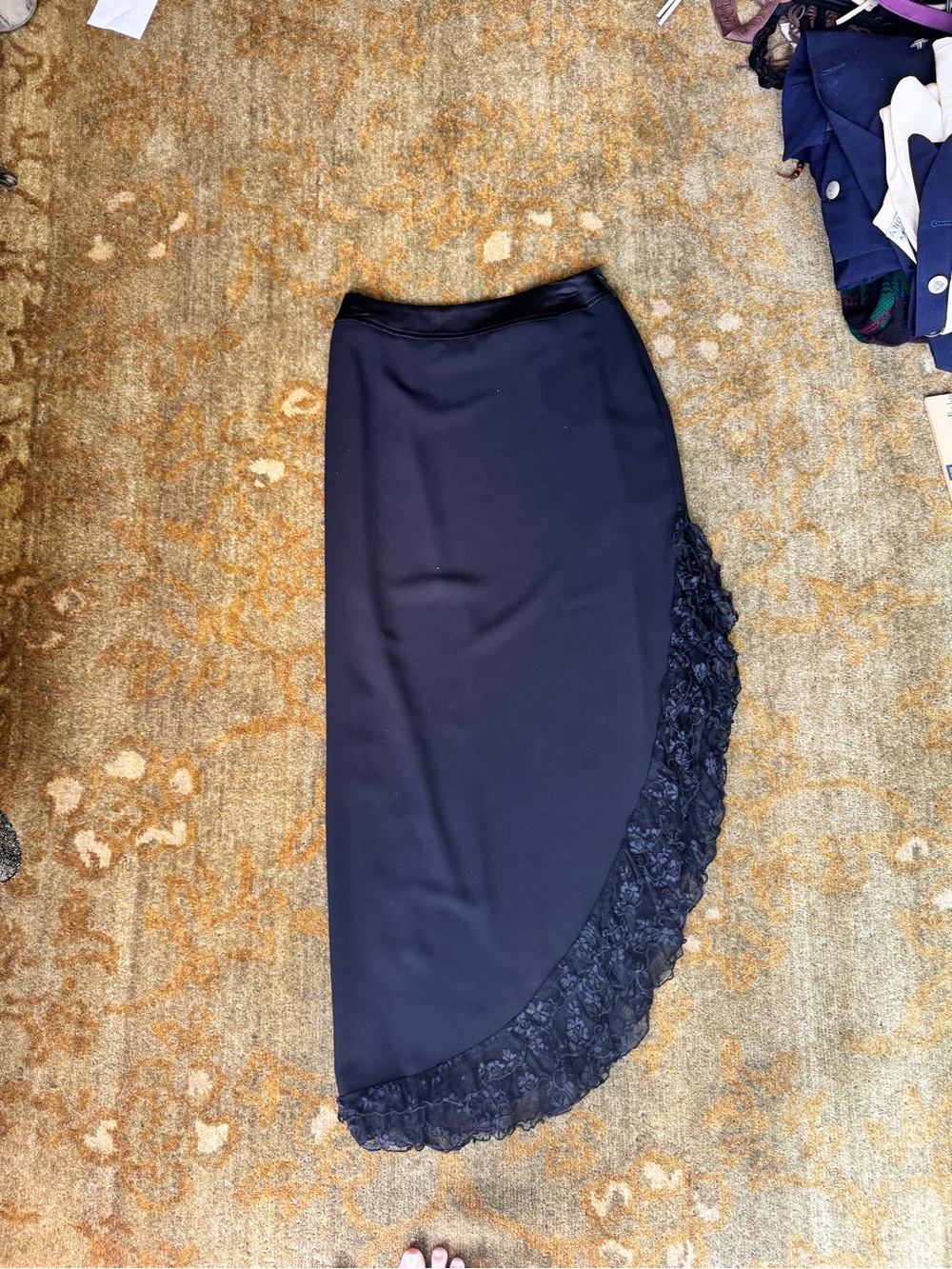 JS Collections Y2K Asymmetrical Elegant Black Lace-Trim Midi Skirt